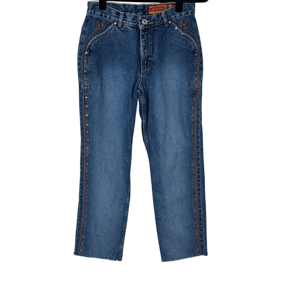 Vintage Lawman Western Studded High Rise Slim Fit Blue Jeans Sz 7 Raw Hem